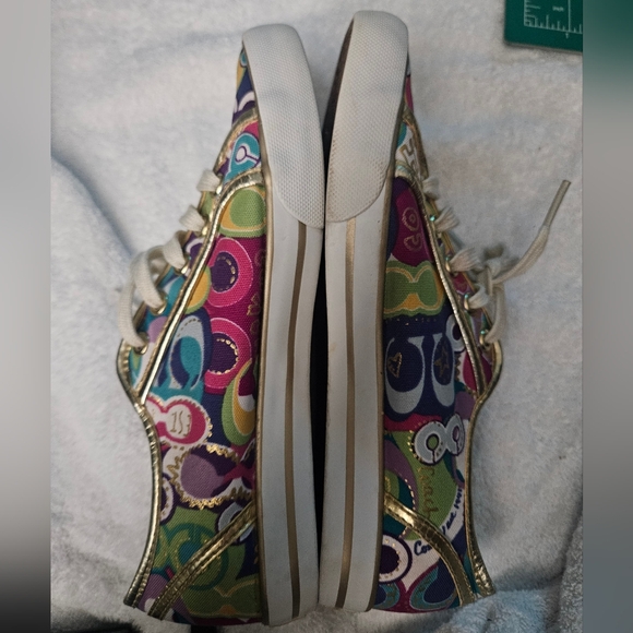 Coach dee multicolored logo gold trim shoes sneakers sz 7.5 - Picture 6 of 10